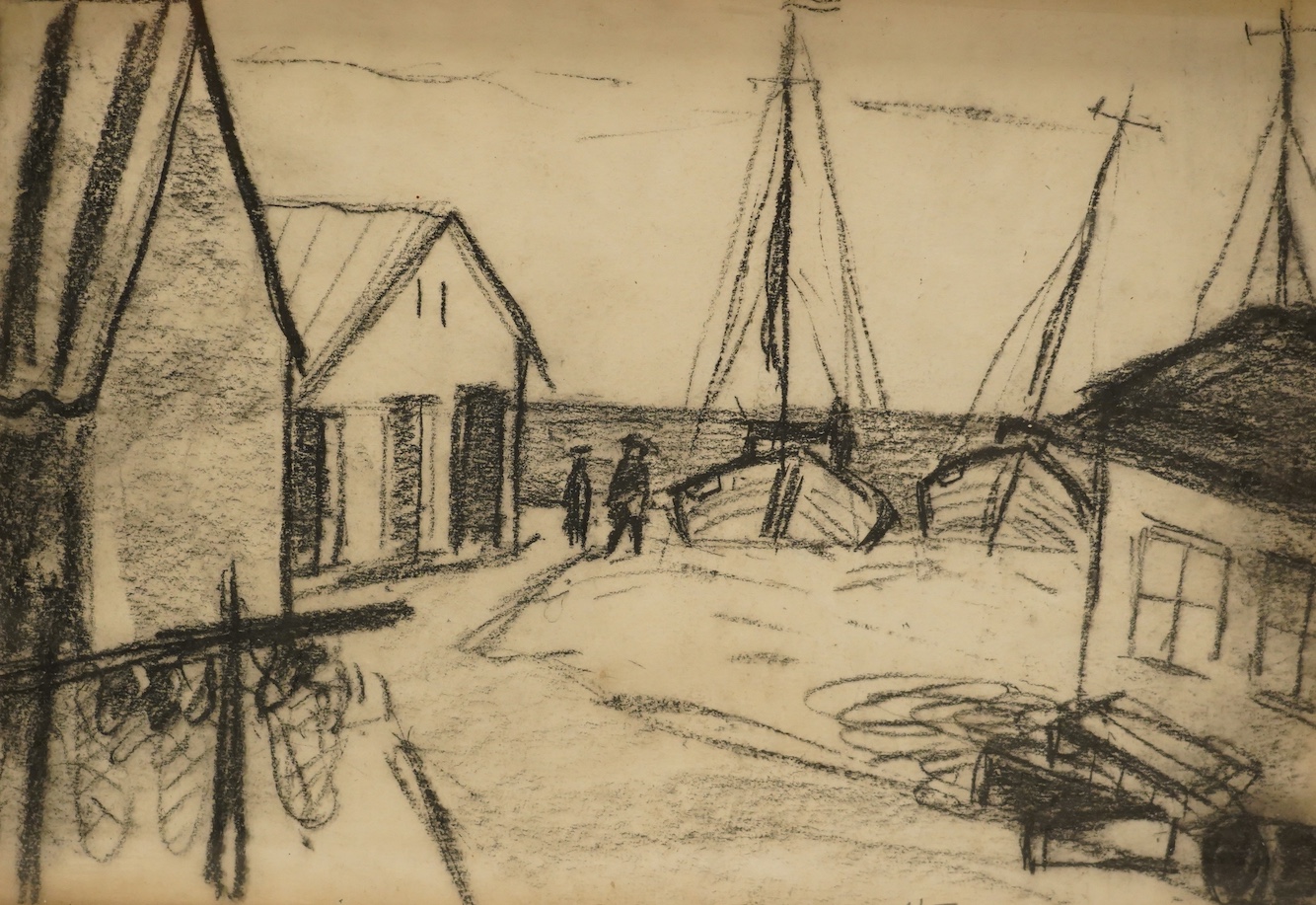 Irish School, charcoal, Harbour view with moored fishing boats, indistinctly inscribed, 28 x 40cm. Condition - fair
